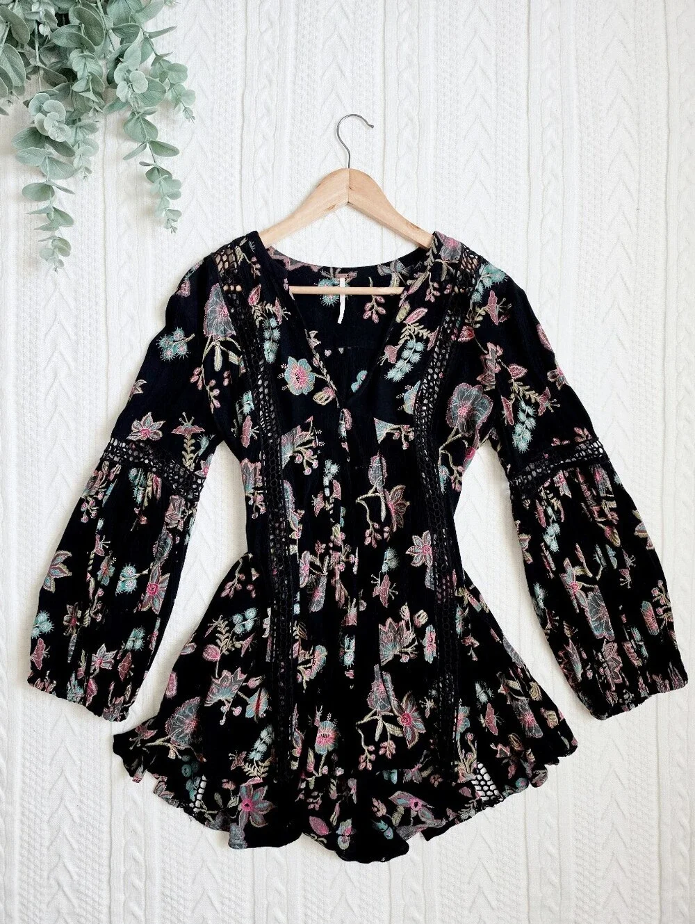 Free People Just The Two Of Us Top Tunic Dress Black Floral Botanical Women XS